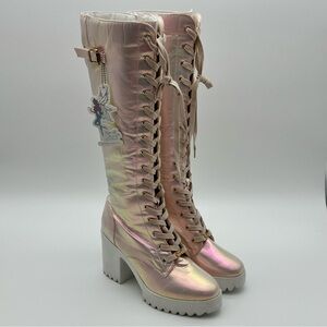 Sparkl Fairy Couture Paris White Iridescent Lace-Up Knee High Boots